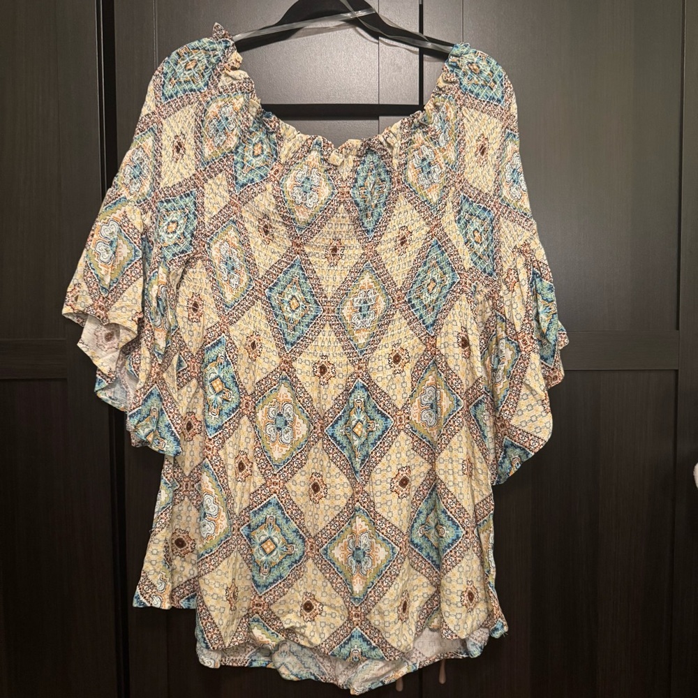 ODDY Beige and Teal Diamond Print off the Shoulder Blouse​